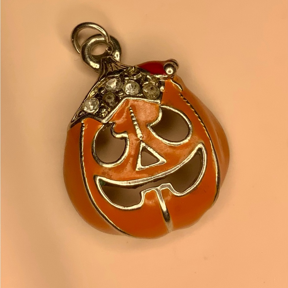 Vintage Silver-tone Jack-o’-lantern Charm with Rhinestone Top
